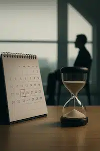 תקופת צינון – שעון חול ולוח שנה על שולחן משרד, עם דמות מטושטשת ברקע, מסמלים פרק זמן של המתנה לפני התקשרות בחוזה עם הרשות המקומית, מועצה או עירייה.