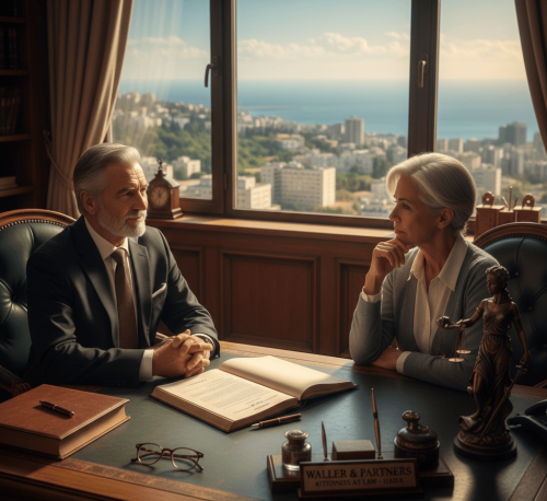 תמונת נושא של הדף עורך דין צוואות וירושות בצפון וחיפה המציגה עורך דין ואישה מבוגרת בעלת שיער שיבה יושבים זה מול זו בשיחה רצינית במשרד יוקרתי, כאשר על השולחן מונח ספר פתוח, פסל של אלת הצדק ושלט המציין 