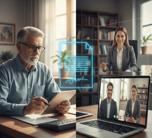 תמונת נושא של המאמר על ייפוי כוח מתמשך מקוון המציגה תמונה מפוצלת המציגה תהליך של חתימה דיגיטלית ופגישה מרחוק. בצד שמאל נראה גבר מבוגר עם משקפיים וזקן לבן יושב ליד שולחן עבודה, אוחז בעט ומביט בטאבלט, כשמעליו מרחף סמל זוהר של מסמך עם חתימה אלקטרונית. בצד ימין מוצג חלל משרדי עם ספרייה ברקע, ובו אישה בחליפה המופיעה בתוך מסגרת דיגיטלית צפה, ולפניה מחשב נייד המציג שיחת וידאו עם שני משתתפים נוספים בלבוש רשמי. התמונה משדרת שילוב בין עולם העסקים המסורתי לבין טכנולוגיה מתקדמת המאפשרת עבודה וניהול מסמכים מרחוק.