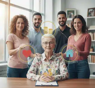 משפחה מלווה אישה מבוגרת במסגרת ייפוי כוח מתמשך, המחשה לניהול רכוש, בריאות ועניינים אישיים באמצעות מיופה כוח