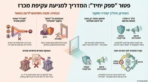 אינפוגרפיקה משפטית המסבירה את פטור ספק יחיד במכרז ציבורי, תנאי הסף לשימוש בפטור, טעויות נפוצות וההליך התקין לקבלת אישור