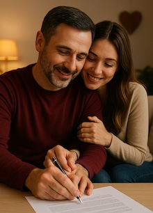 ידיים של זוג צעיר מחזיקות עט וחותמות יחד על מסמך הסכם ממון