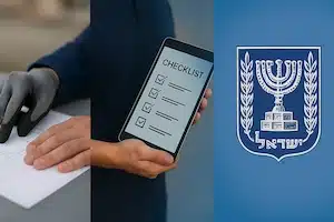 באנר משולש: משמאל יד מסומנת כפוף עבודה על שרטוט טכני, במרכז קבלן אוחז טאבלט עם Checklist מסומן, ומימין לוגו סמל מדינת ישראל על רקע גוון כחול