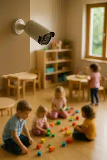 מצלמת אבטחה מותקנת על קיר במעון יום לפעוטות, מצלמת ילדים קטנים משחקים בחדר צבעוני, בהקשר להנחיות הרשות להגנת הפרטיות בנוגע לשימוש במצלמות במעונות יום