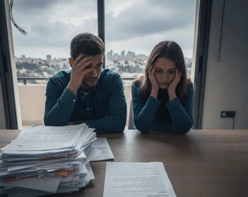 זוג רוכשי דירה יושב מול מסמכים ומביע מצוקה לאחר אי־יכולת להשלים תשלום רכישת דירה