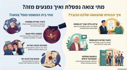 אינפוגרפיקה משפטית המסבירה מתי צוואה נפסלת וכיצד בית המשפט בוחן תוקף צוואה, לרבות השפעה בלתי הוגנת, כשירות משפטית ופגמים צורניים