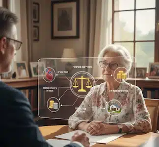 עורך דין מייעץ לאישה מבוגרת בעריכת ייפוי כוח מתמשך לניהול עניינים רפואיים, רכושיים ואישיים