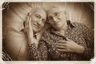 זוג מבוגר שוכב יחד ומביט למצלמה, מסמל זוגיות ארוכת שנים ותכנון ירושה וצוואה מתוך ביטחון ושקט נפשי.