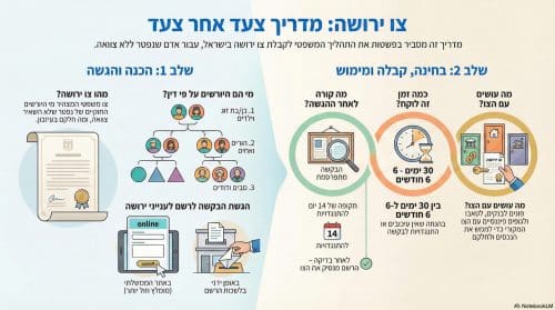 אינפוגרפיקה המציגה שלב אחר שלב את תהליך הוצאת צו ירושה בישראל: הגשת בקשה, זהות היורשים, לוחות זמנים, טיפול בהתנגדויות ומימוש הצו, בהתאם לדין