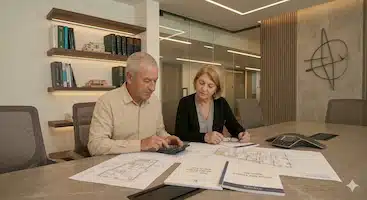 בני זוג בוחנים תוכניות התחדשות עירונית ותחשיבי שכר מארגן בחדר ישיבות מודרני במשרד עורכי דין וולר ושות'